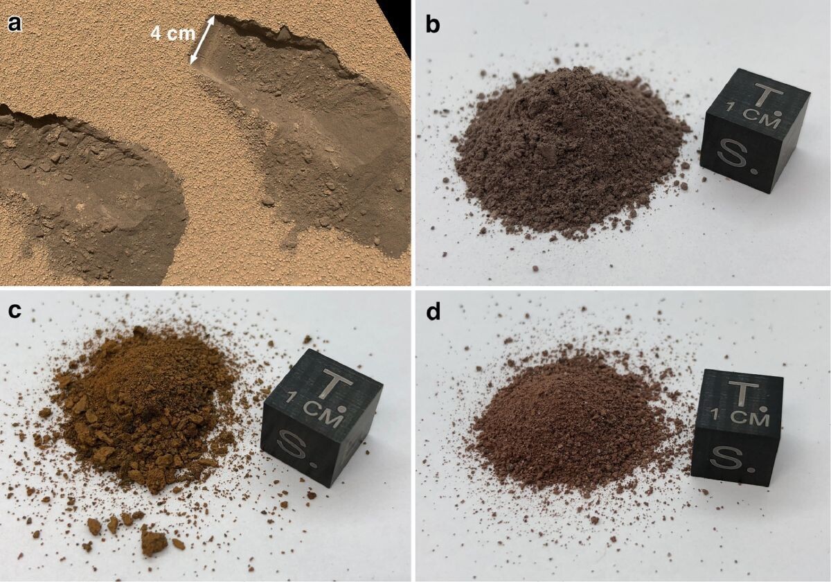 Сравнение: a — образец из кратера Гейла; b — MGS-1; c — JSC Mars-1; d — MMS-1.