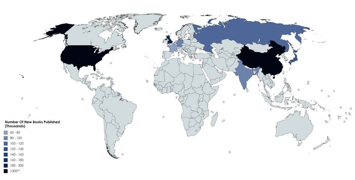 Количество книг опубликованных в каждой из стран в сотнях штук. Кликните на карту, чтобы увеличить изображение.