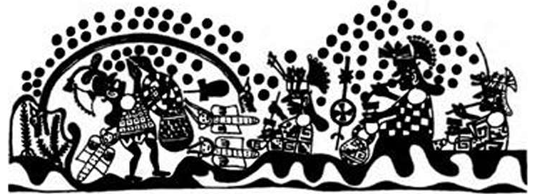 Ночной ритуал жевания коки. Трое мужчин берут палочки известь из тыквенных бутылок  и жуют ее с кокой. Существо - это галлюцинация, которая говорит о том, что индейцев порядком накрыло