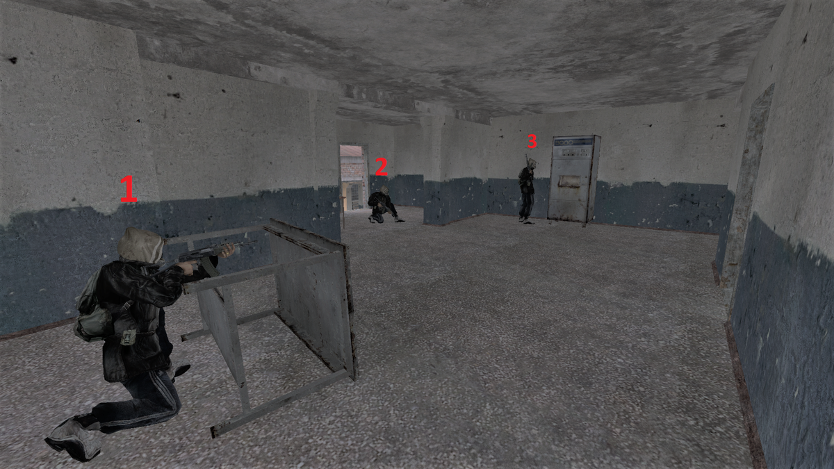 Помимо этого, трое из ларца обязательно в противогазах, с АКМ-74/2 наперевес и почему-то без пистолетов в рюкзаках. Видимо, толстый Боров пожадничал