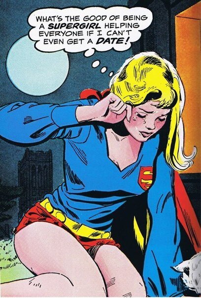 Перевод текста на картинке: "Какой смысл быть супер-гёрл и спасать всех вокруг, если меня даже не зовут на свидание!"