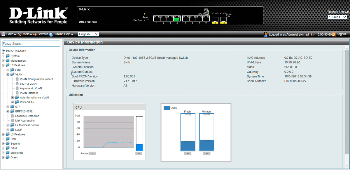 Web-интерфейс коммутатора D-Link DMS-1100-10TS