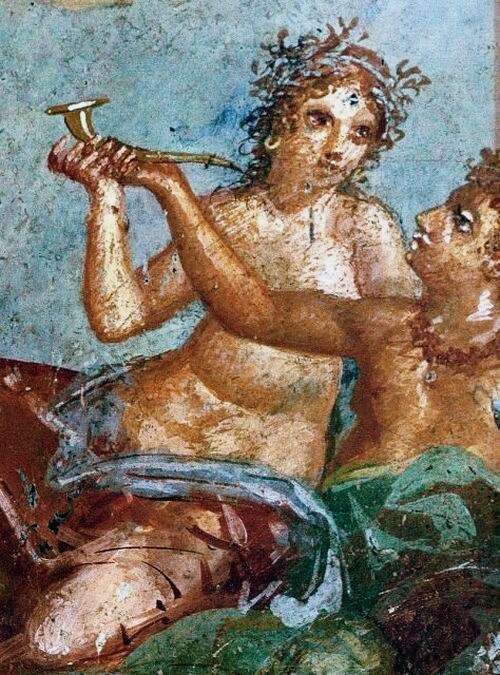 Фрагмент римской фрески со сценой банкета в Помпеях. 