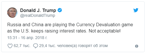 За последние 12 месяцев рубль потерял более 10% стоимости относительно доллара, причем основная часть потерь пришлась на минувшую неделю. В апреле рубль упал к доллару США и евро до многомесячных минимумов на фоне санкций американского Минфина против России и эскалации ситуации вокруг Сирии. В ЦБ РФ сравнили текущую ситуацию на валютном рынке с нестабильностью 2014 и 2016 годов. 
Китайский юань, наоборот, за минувший год прибавил в стоимости порядка 10% относительно американской валюты, поднявшись в марте до максимума с августа 2015 года.

В понедельник рубль не отреагировал на заявление Трампа об «играх в девальвацию», курс валюты составляет 62,35 руб./$1.