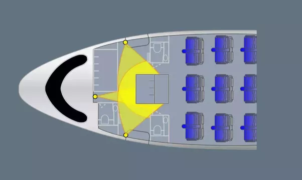 A350, Airbus нового типа. Одна камера над дверью показывает экипаж кабины, который смотрит на вход. Две камеры сбоку, над входными дверями кабины показывают, кто скрывается за углом. Если что - то вызывает подозрения, вход может быть заблокирован.