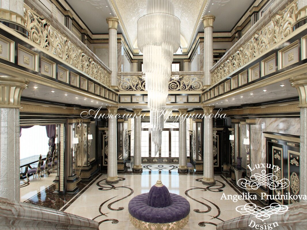 На фото: Каскадная люстра в декоре первого этажа в доме в стиле арт-деко на Рублевке