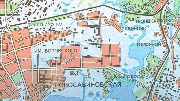 Будущий Ново-Савиновский район и село Савиново (в правом верхнем углу) на карте Казани 1980 года. В настоящее время все обозначенные на карте пустыри застроены
