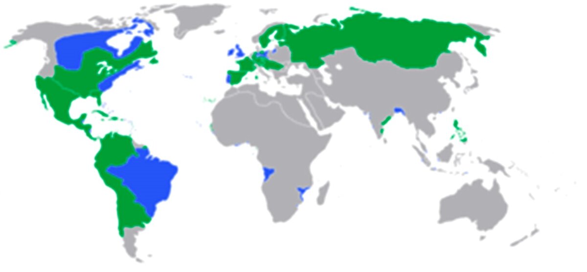 Все участники Семилетней войны: [синие] Великобритания, Пруссия, Португалия с союзниками; [зеленый] Франция, Испания, Австрия, Россия, Швеция с союзниками.