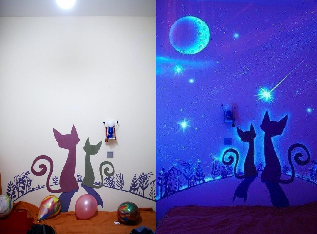 Светящиеся краски при дневном и ночном освещении