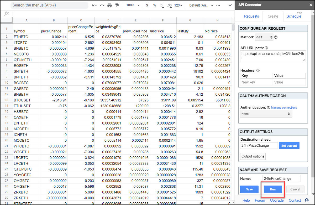 Назовите свой запрос и нажмите «Выполнить». Через мгновение вы увидите статистику изменения цен за 24 часа с плавающим окном для всех поддерживаемых Binance валютных пар:

