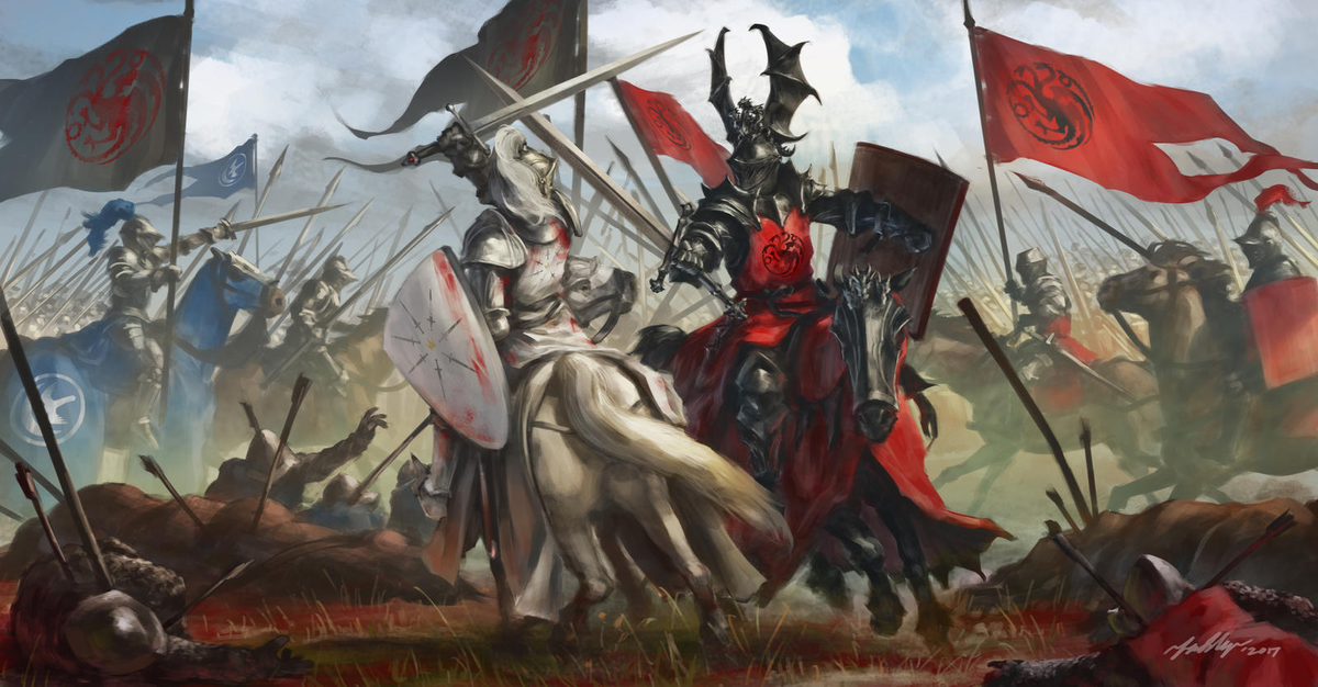 Деймон Блэкфайр в Битве на Краснотравном поле (арт Draw Souls, www.artstation.com).