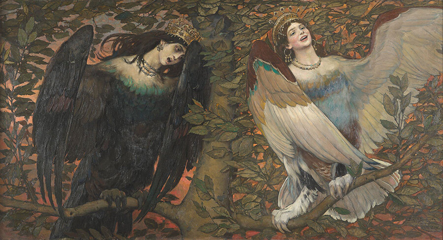 Виктор Васнецов «Сирин и Алконост. Песнь радости и печали» 1896;
холст, масло. 164х297 см; Государственная Третьяковская галерея, Москва.