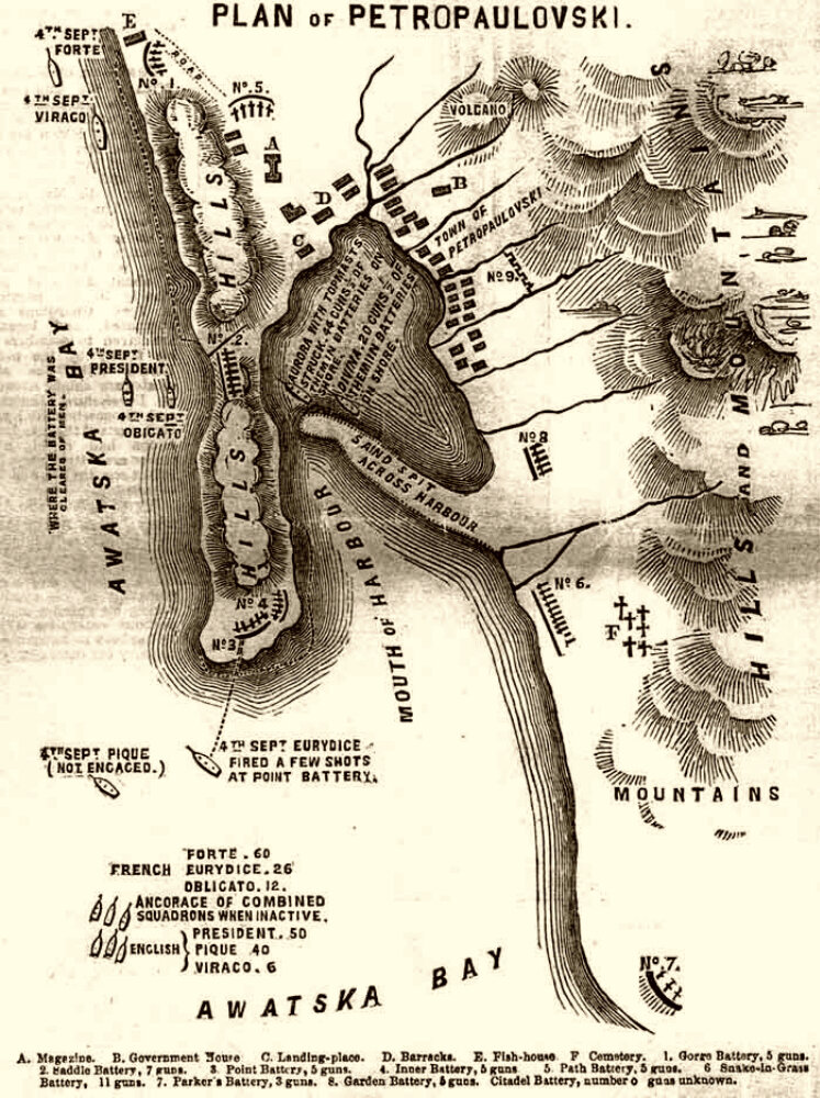 Схема Петропавловского боя 24 августа 1854 г., Illustrated London News, 16 декабря 1854 г. Нумерация и расположение батарей  показано неточно.