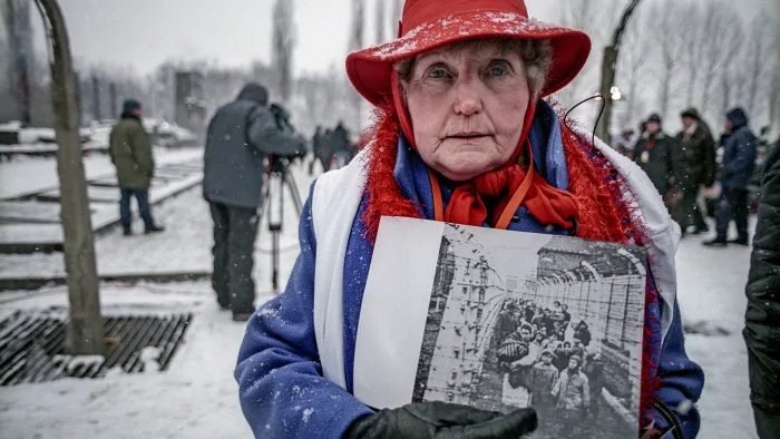 Ева Мозес Кор на церемонии, посвященной 60-летию освобождения Освенцима. Она держит фотографию себя и своей сестры-близнеца Мириам, сделанную Советами после освобождения лагеря