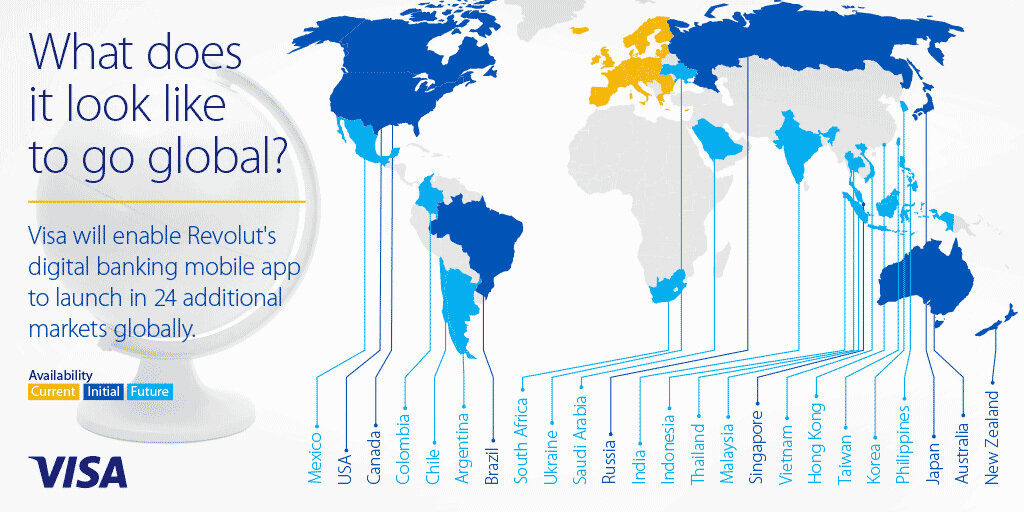 На какие рынки намерен выйти Revolut. Инфографика из пресс-релиза Visa и Revolut. 