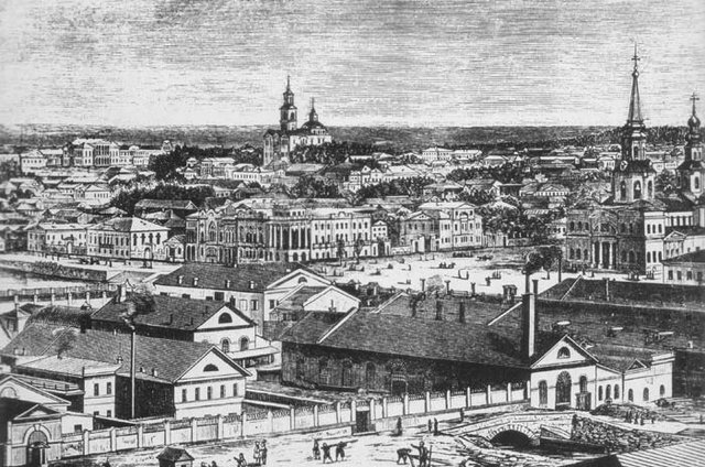 Панорама Екатеринбургского завода. Справа – Екатерининский собор (ныне утрачен), там находится площадь Труда