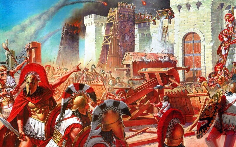 Фантазия некоторых художников порой творит чудеса — тут эллины 5 века до н. э. не только обзавелись осадным парком из куда более поздней эпохи, но и решились на штурм средневековой крепости.