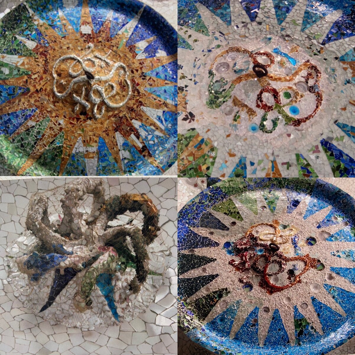 Фотография из личного архива. Фрагменты мозаичного свода крыши в Испании. Парк Гуэль. Работа Антонио Гауди. 
