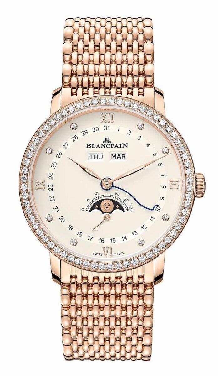 Часы Blancpain Villeret Quantième Phases de Lune в 33.2 мм корпусе из розового золота с бриллиантами по безелю и бриллиантовыми часовыми метками, с указателями дня недели, месяца и календарем лунных фаз
