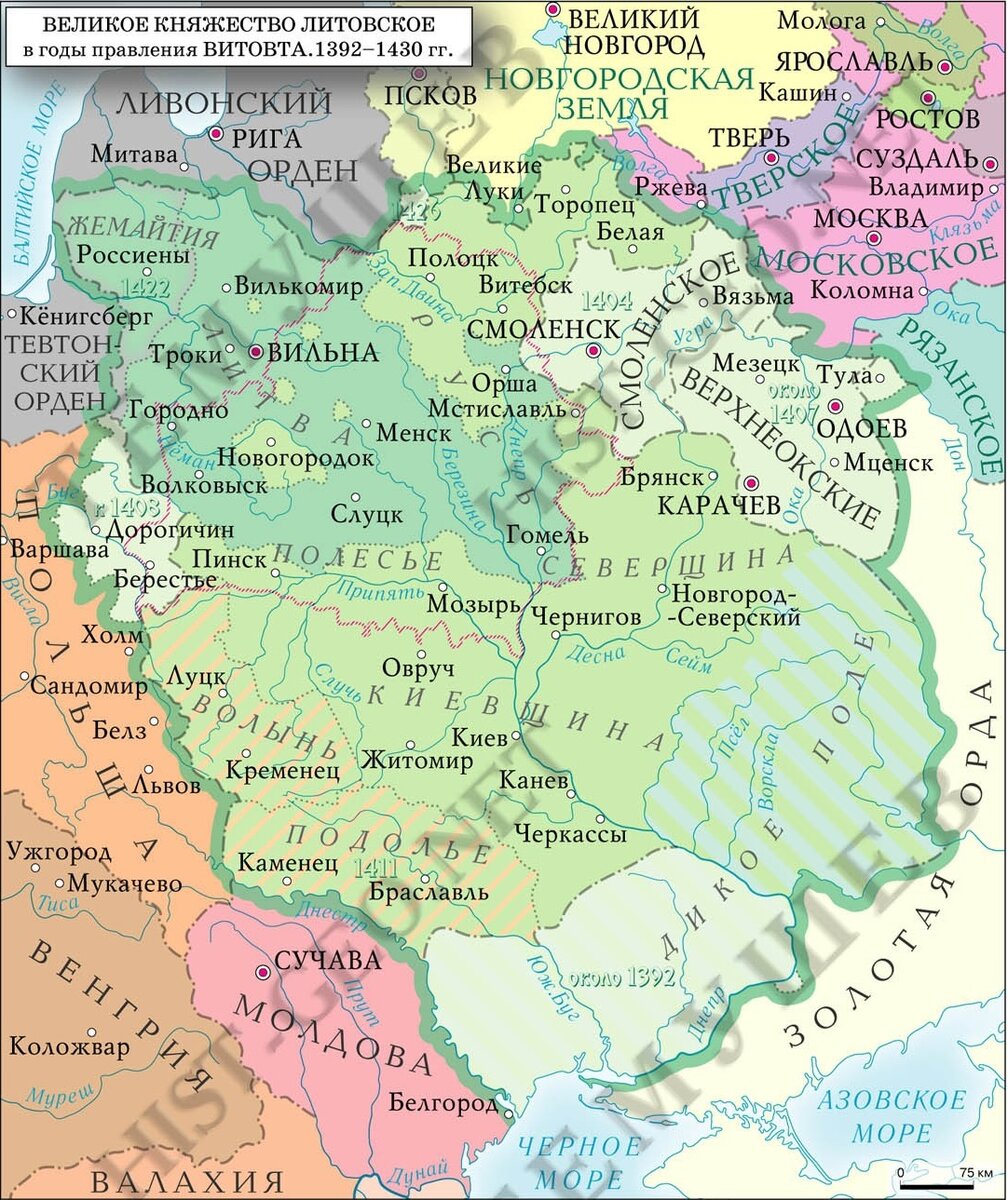 Обратите внимание - Польша и объединяющаяся Россия кажутся карликами на фоне огромной Литвы, а Варшава просот входит в состав Великого Княжества Литовского и Русского