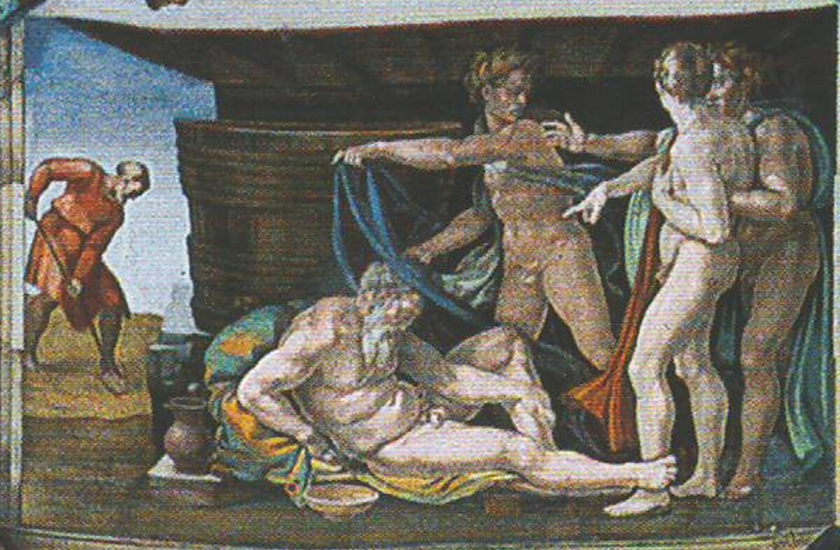 Ватикан. Сикстинская капелла. Микеланджело "Опьянение Ноя". 1508 - 1512 годы.