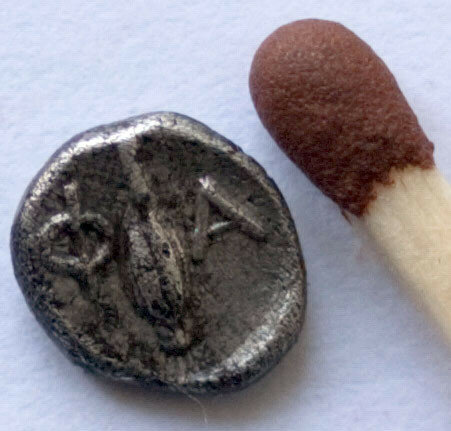 Гемиобол Фанагории. Вес монеты 0.29 грамма. Серебро. 