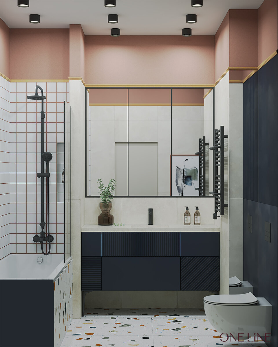 Точечные накладные светильники на потолке. Ванная комната в проекте студии ONE LINE