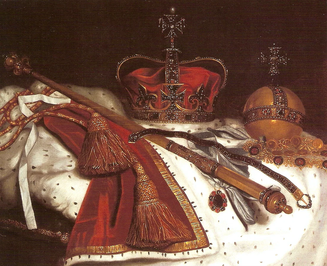Картина с изображением регалий британской короны, использовавшаяся до Гражданской войны в Англии (1642–1651 гг.). Они были разбиты и проданы после казни Карла I в Англии в 1649 году.
