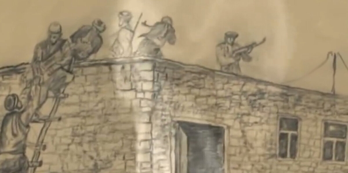 Восстание советских военнопленных в лагере Бадабер. Рисунок.