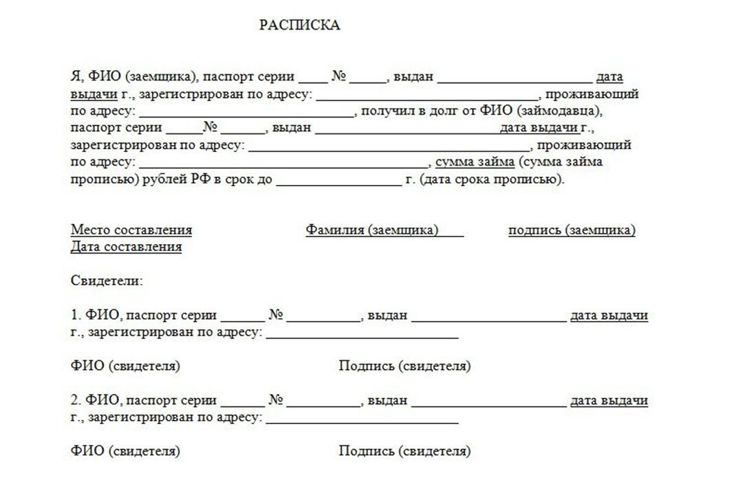 Как пишется расписка на деньги в долг образец