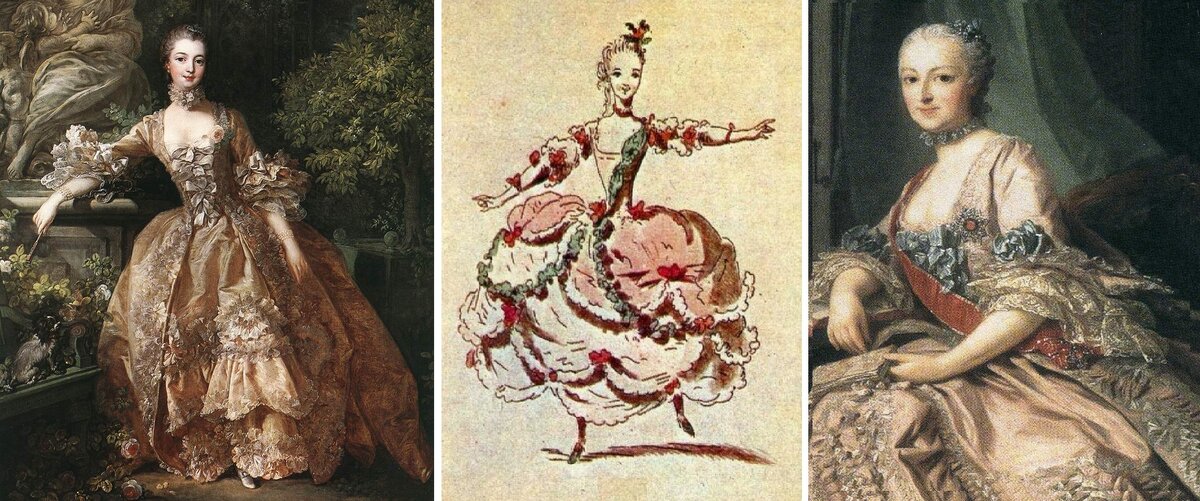  В XVIII веке - культ розового. 1. Франсуа Буше. Портрет маркизы де Помпадур. Фрагмент. 2. Анри Гийомо. Мари Гимар в балете. 3. Александр Рослин. Портрет Анастасии Трубецкой. Фрагмент. Взято на https://www.pinterest.ru/