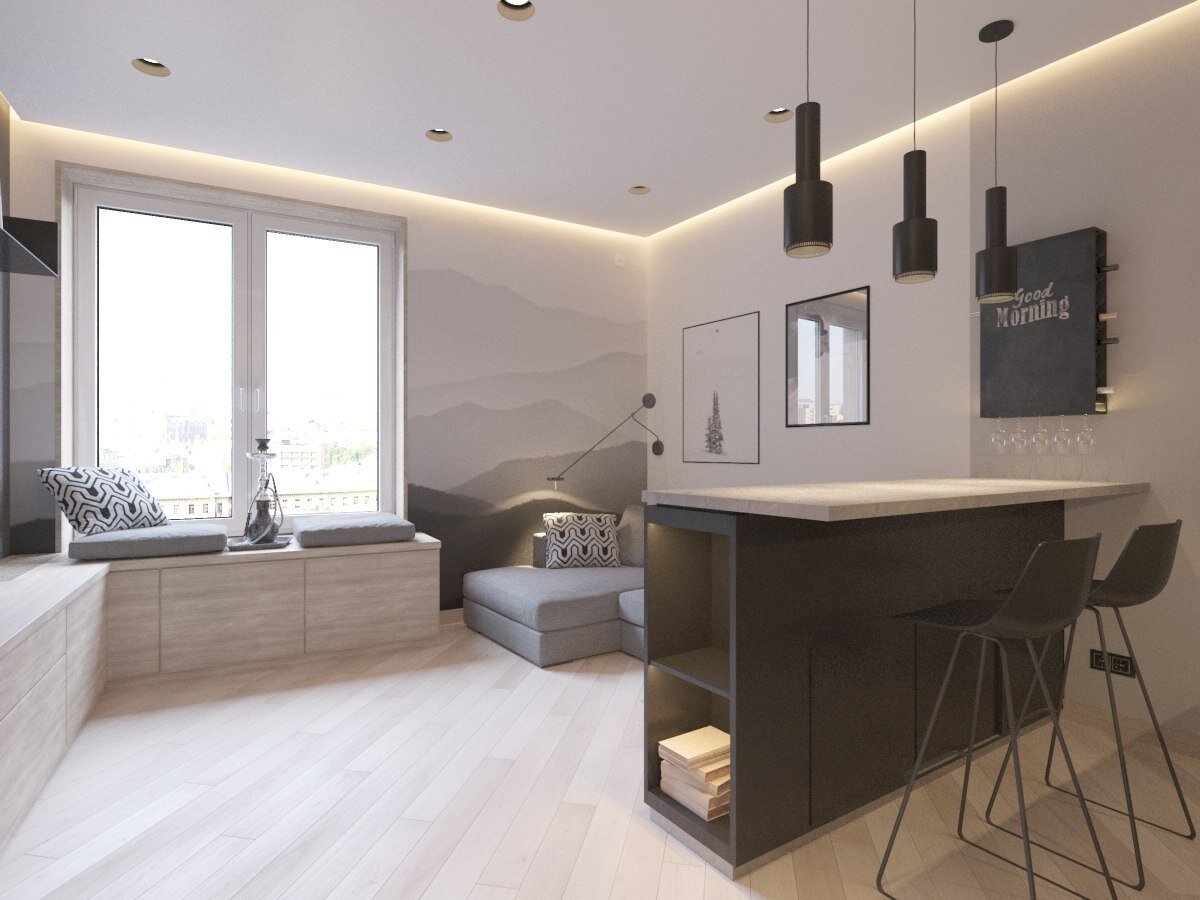 Большое внимание уделено освещению, есть точечные светильники, навесные люстры над барной стойкой. Красиво смотрится светодиодная подсветка по периметру потолка. Есть подсветка у полочек барной стоки.