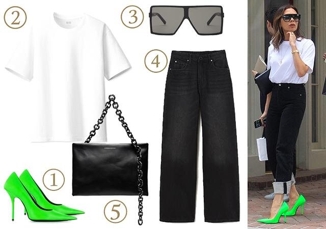 Туфли Balenciaga, 56 000 руб. 2. Футболка Uniqlo, 999 руб. 3. Очки Saint Laurent, 19 114 руб. 4. Джинсы H&M, 2499 руб. 5. Клатч на цепочке Calvin Klein 205W39NYC, 56 380 руб.