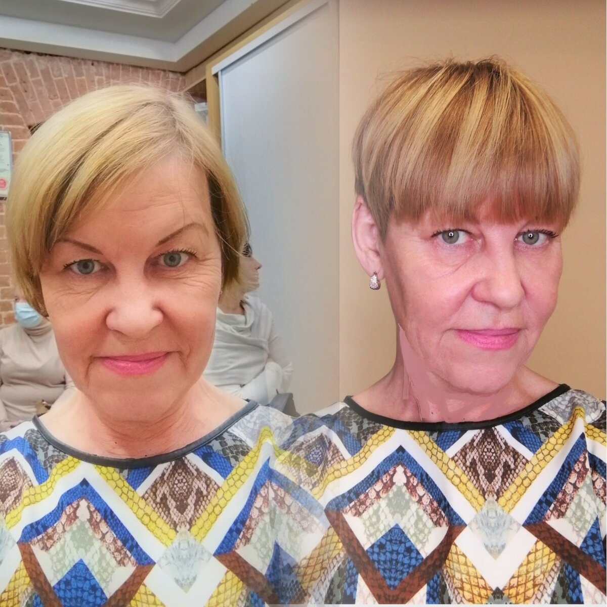 Слева фото до стрижки, справа то что получилось.Извиняюсь за качество фото, фотографировала сама на телефон - но согласитесь разница в стиле очевидна.