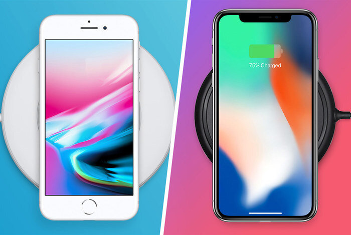 Беспроводная зарядка iPhone 8 слева и  iPhone X справа. 
