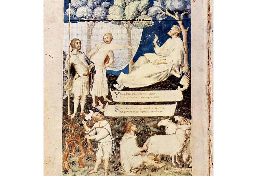 Средневековая пасторальная сцена из рукописи середины XIV века.