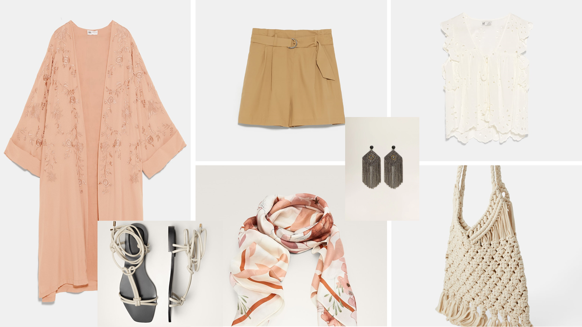 Шорты из поплина c ремнем Zara 1999р.                                                                                              
Кимоно с вышивыкой Zara 8599р.
Сандали на плоской подошве Massimo Dutti 6490р.
Сумка-шопер из кружева кроше Zara 3999р.
Шелковый шарф Massimo Dutti 4490р.
Серьги с подвесками из кисталлов Mango 1799р.