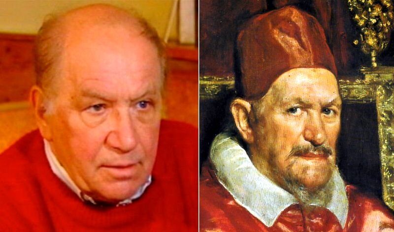 Актёр Лев Дуров (1931 - 2015) и фрагмент картины Диего Веласкеса "Портрет папы Иннокентия X" (1650,  Галерея Дориа-Памфили, Рим). 