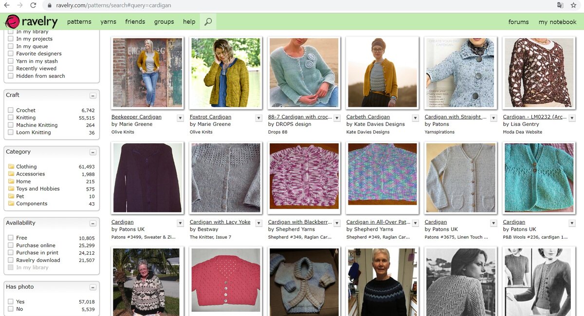 Страница raverly с результатами по запросу "cardigan". Справа фильтры для более узкого поиска
