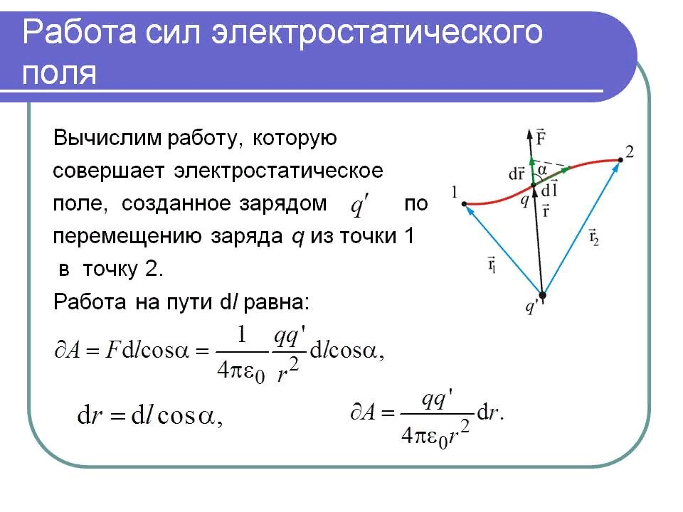 Работа поля. 4. Работа электростатического поля по перемещению заряда.. Работа сил электростатического поля формула. Работа силы кулона при перемещении заряда в электрическом поле. Работа сил поля при перемещении зарядов