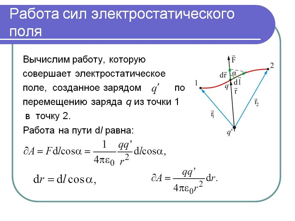 Работа электрического поля при перемещении. 4. Работа электростатического поля по перемещению заряда.. Работа сил электростатического поля формула. Работа силы кулона при перемещении заряда в электрическом поле. Работа сил поля при перемещении зарядов.