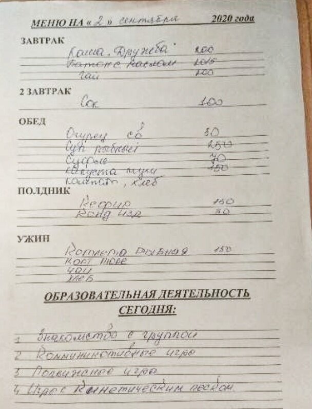 Меню на 2 сентября