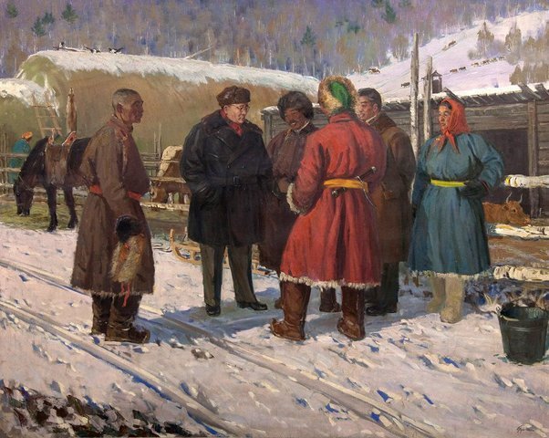 Пропагандистская картина 1966 года, изображающая Юмжагийна Цеденбал, общающуюся с крестьянами