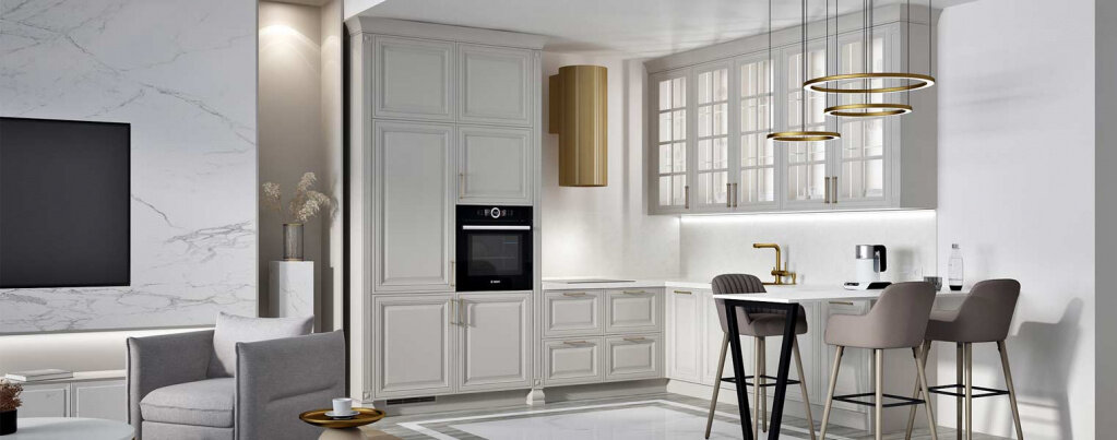 Светлая серо-белая кухня