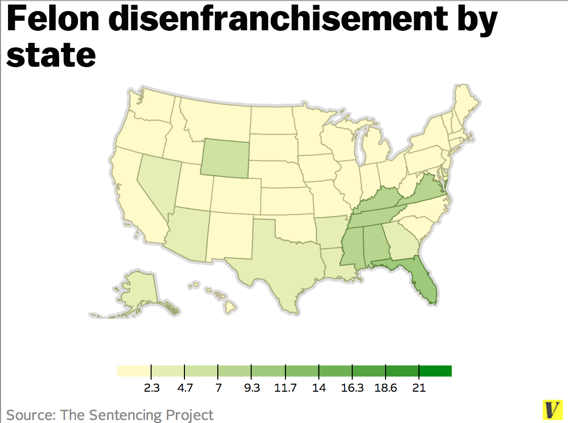 Процент граждан, лишенных избирательных прав за судимость по каждому штату
