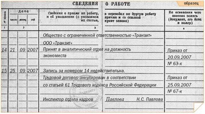 Образец как правильно сделать запись об увольнении в трудовой книжке образец