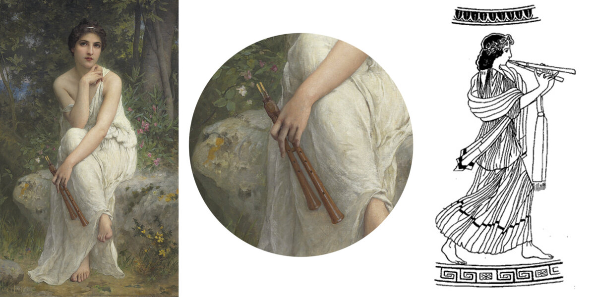 Девушка с авлосом. Картина: Шарль-Амабль Ленуар (1860-1926) и изображение с древнегреческой керамики