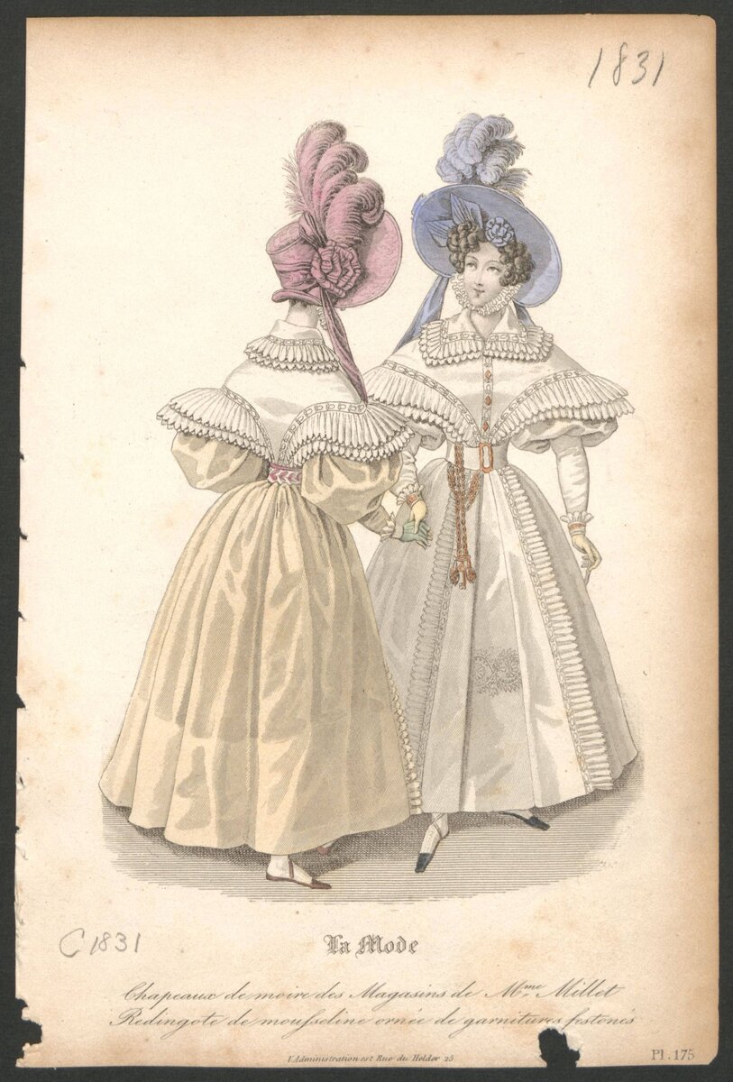Модная картинка, примерно 1831 год. Платья, украшенные фестончиками.