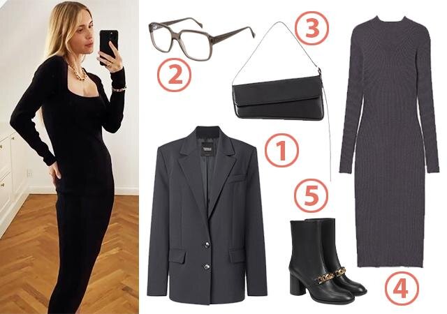 1. Блейзер Mango x Pernille, 14 999 руб. 2. Оптические оправы Andy Wolf, цена по запросу. 3. Сумка Vagabond Atelier, 20 300 руб. 4. Платье H&M, 2 999 руб. 5. Ботильоны Alla Pugachova, 18 990 руб. 
Фото: Instagram @pernilleteisbaek / Архивы пресс-служб