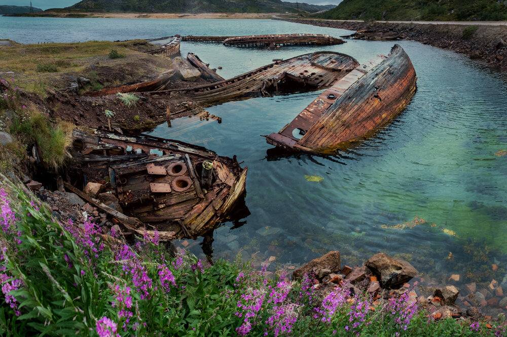Settlement Teriberka at the Barents sea shore. Murmansk region. Russia.